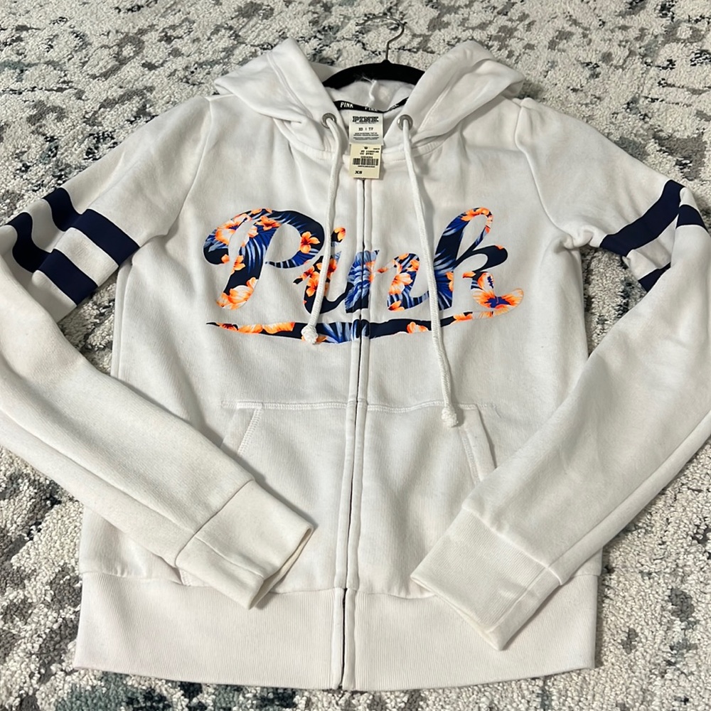 PINK Victoria’s Secret White full zip up hoodie tropical hibiscus